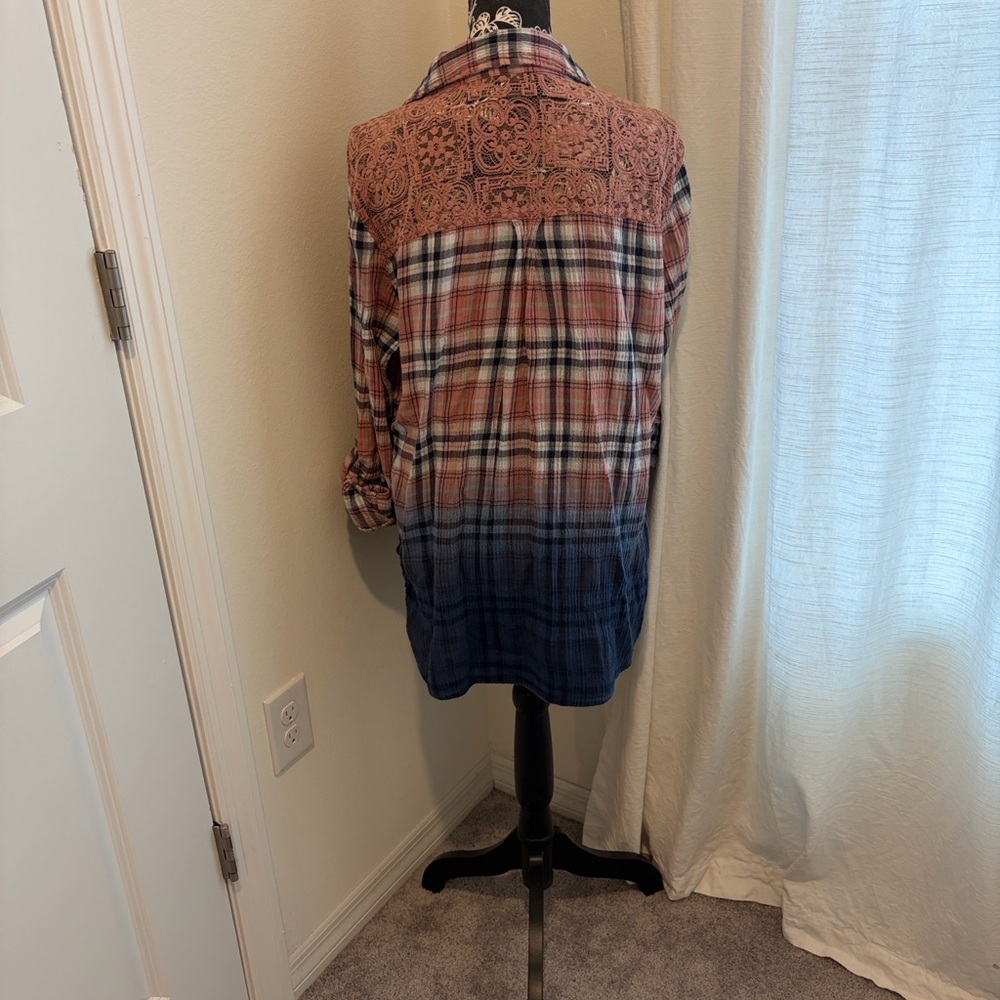 Plaid Button-Up Shirt - Red and Blue With a Lace Shoulder Inset! - Picture 5 of 7